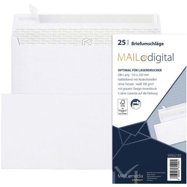Mailmedia Laserbedruckbare Briefumschläge »Maildigital« DL ohne Fenster mit Haftklebung - weiß, 22x11 cm Image
