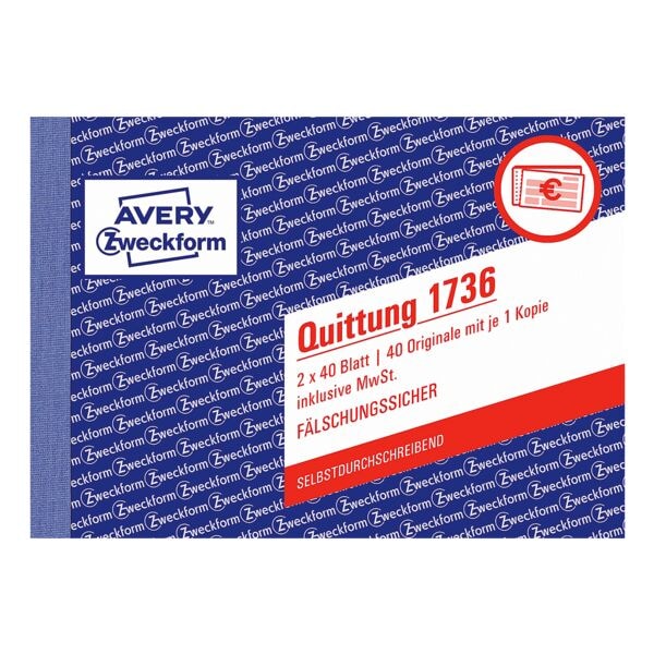 Avery Zweckform Formularbuch »Quittung inkl. MwSt.« - 2-fach 40 Blatt gelb, 14.8x10.5 cm