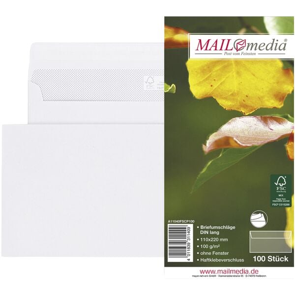 Mailmedia Briefumschläge DL ohne Fenster mit Haftklebung - 100 Stück weiß, 22x11 cm Image