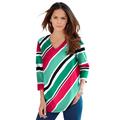 Plus Size Women's Diagonal Stripe V-Neck Tee by Roaman's in Soft Jade Multi (Size 1X) Shirt