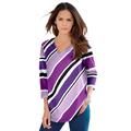 Plus Size Women's Diagonal Stripe V-Neck Tee by Roaman's in Purple Magenta Multi (Size 1X) Shirt