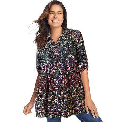 Plus Size Women's Pintucked Tunic Blouse by Woman Within in Navy Garden Print (Size 6X)