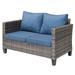 Ebern Designs Lovall Wicker/Rattan Outdoor Loveseat w/ Cushions Wicker/Rattan/Olefin Fabric Included in Gray/Blue | Wayfair