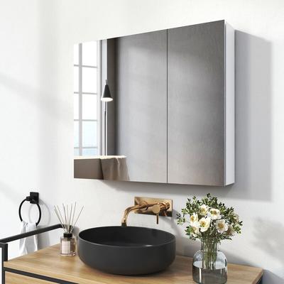 Spiegelschränke 75x65cm Spiegelschrank Badschrank mit Doppelseitiger Spiegel (Weiß) - Emke Image
