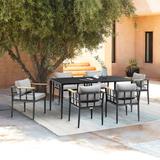 Ezra Outdoor Patio 7-Piece Dining Table Set in Aluminum and Teak with Grey Cushions