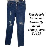 Free People Jeans | Free People Distressed Button Fly Dark Wash Denim Skinny Jeans Size 25 | Color: Red | Size: 25
