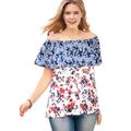 Plus Size Women's Off Shoulder Ruffle Tee by Woman Within in Evening Blue Mix Print (Size 18/20) Shirt