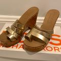 Michael Kors Shoes | Michael Kors Wedges, 4 Inch Heels, Gold Straps, Leather Insoles | Color: Gold | Size: 6.5