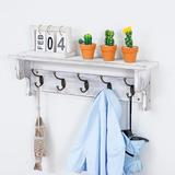 Gracie Oaks Ilonca Solid Wood 5 - Hook Wall Mounted Coat Rack w/ Storage Wood/Metal in White | 7.87 H x 26 W x 4.5 D in | Wayfair