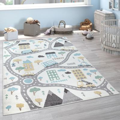 Paco Home Kinderteppich Teppich Kinderzimmer Spielteppich Pastell Autos Creme Petrol Grau 133x190 cm