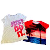 Nike Shirts & Tops | Girls Nike Crazy 8 Tshirts Short Sleeves Neon Just Do It Tropical Palm Print | Color: Orange/White | Size: Sg
