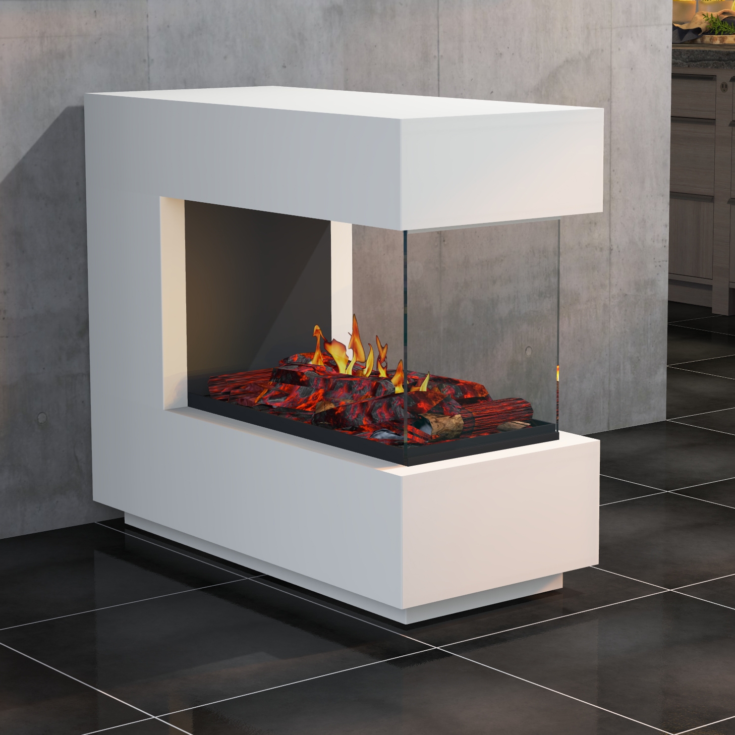 muenkel design loft.line 1100 -- C-02 Raumteiler [Design Opti-myst Elektrokamin mit Festwasseranschluss]: Wunschfarbe nach RAL - Mit Heizung - Kieswanne mit schwarzen Steinen - ohne Scheibe