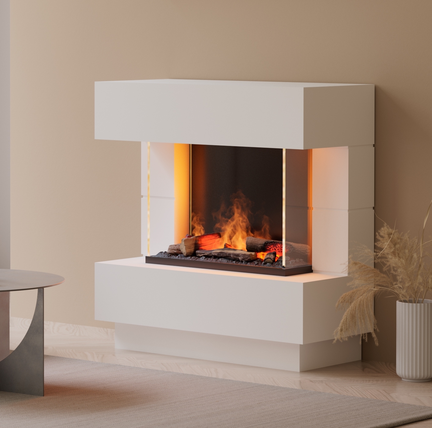 muenkel design London 900 [Elektrokamin Opti-myst]: weiß (warm) - Mit Heizung - Kieswanne mit schwarzen Steinen