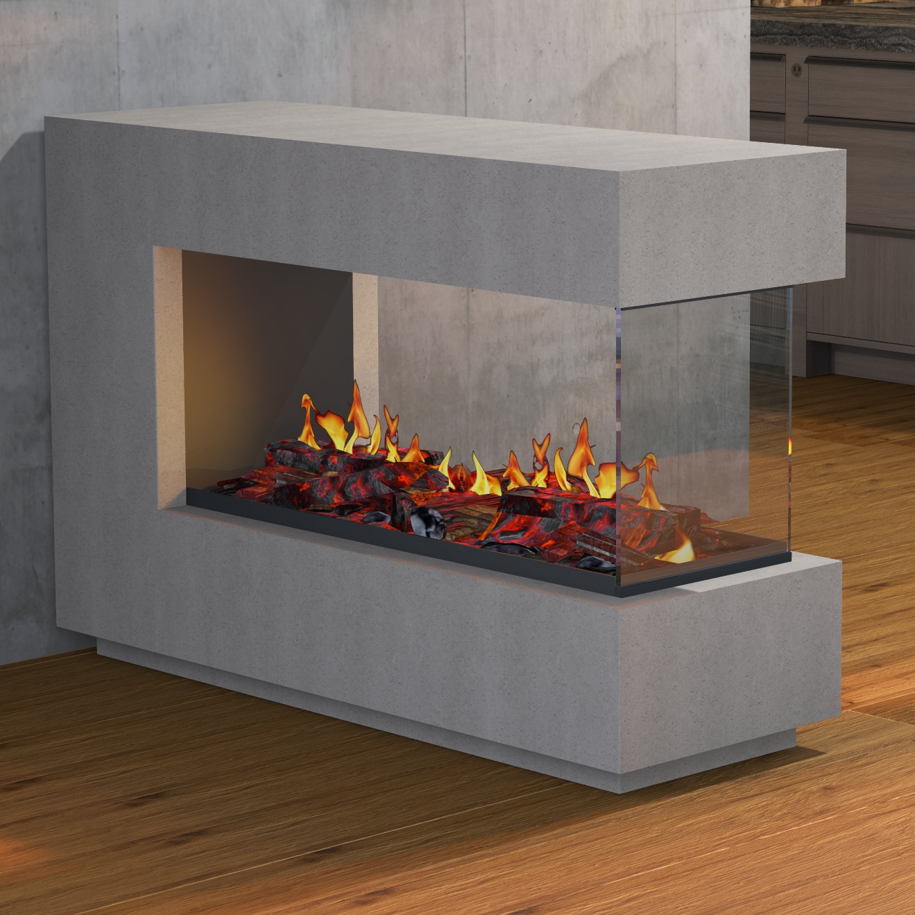 muenkel design loft.line 1400 -- C-02 Raumteiler [Design Opti-myst Elektrokamin mit Festwasseranschluss]: Betonoptik - Ohne Heizung - Dekoholz mit Stehrost (gerade) - mit Scheibe