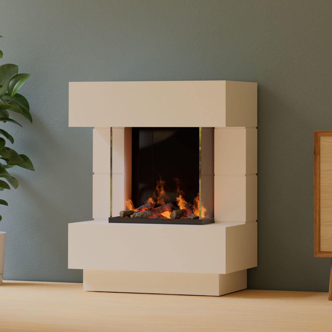 muenkel design London 750 [Elektrokamin Opti-myst]: weiß (warm) - Mit Heizung - Dekoholz mit Stehrost (gerade)