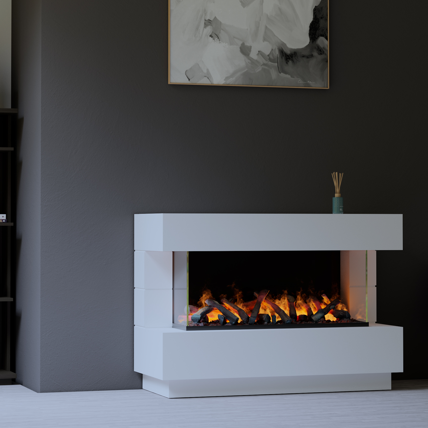 muenkel design London 1400 Opti-glo [Elektrokamin Opti-myst]: weiß (warm) - Mit Heizung - Kieswanne mit schwarzen Steinen - Wasserleitung