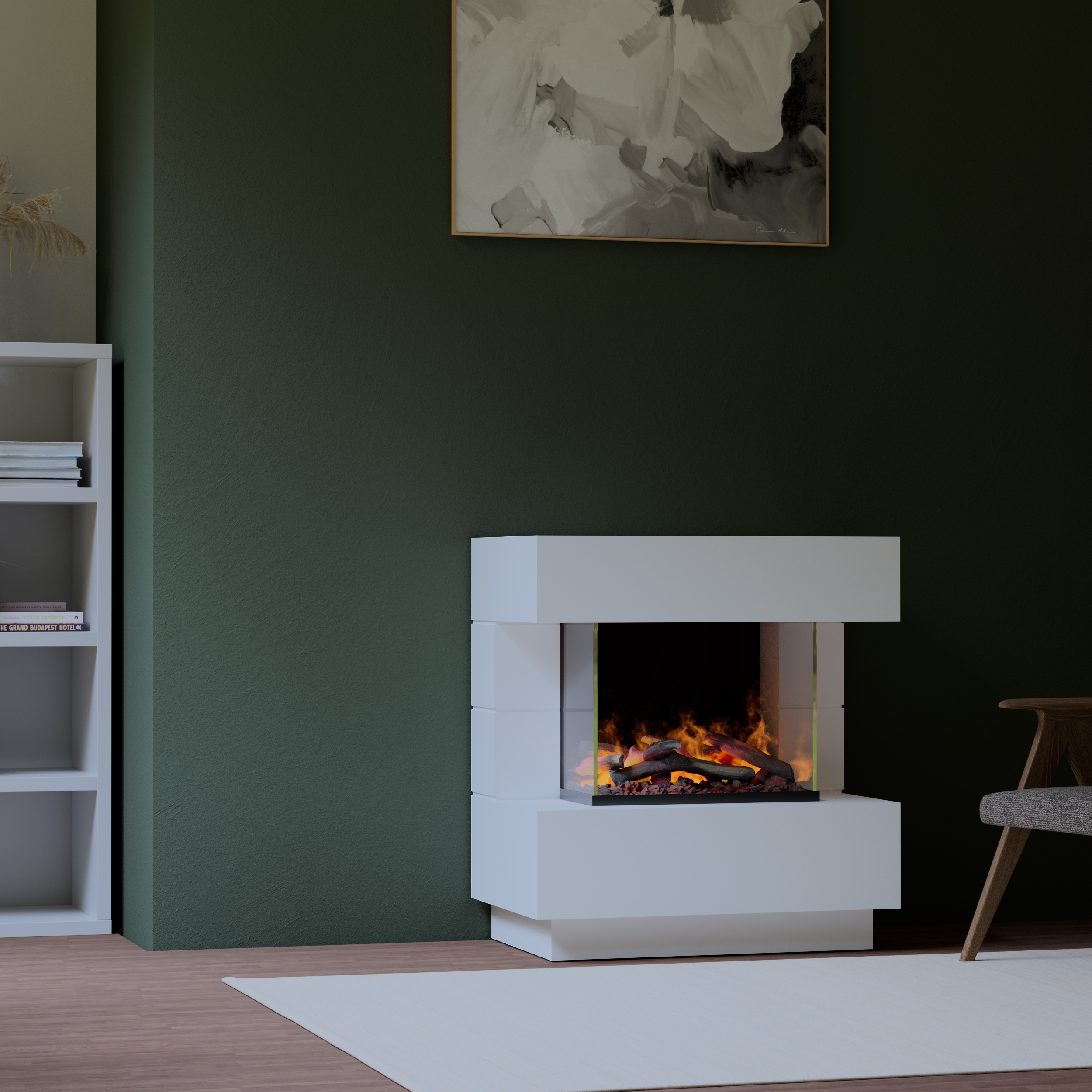 muenkel design London 900 Opti-glo [Elektrokamin Opti-myst]: weiß (warm) - Ohne Heizung - Wasserleitung - Kieswanne mit weißen Steinen