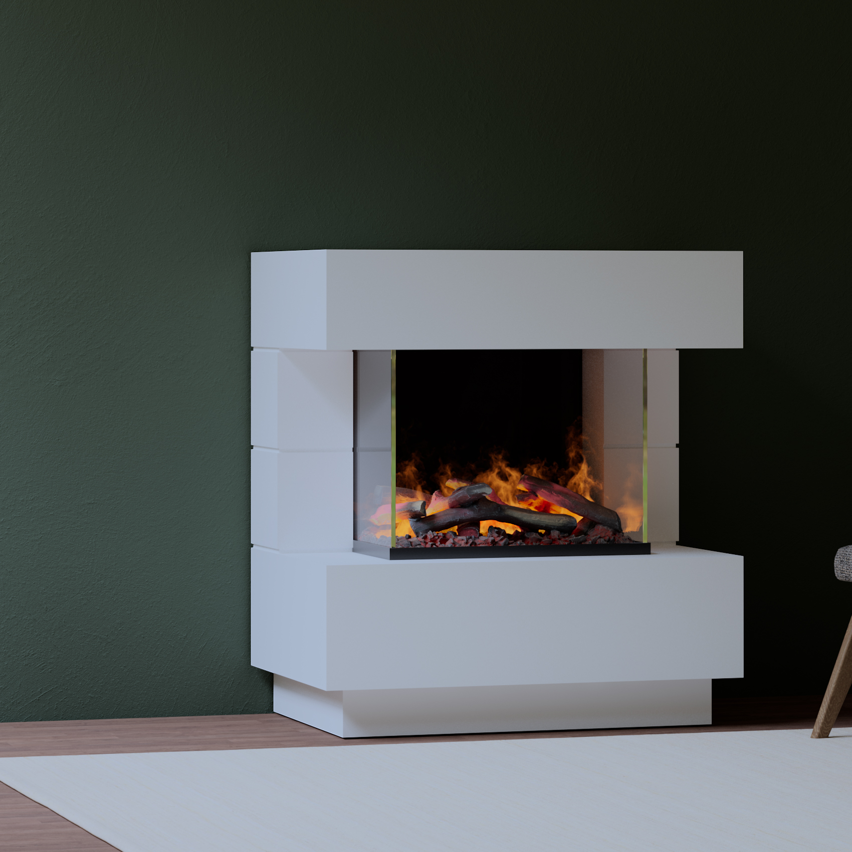 muenkel design London 900 Opti-glo [Elektrokamin Opti-myst]: Wunschfarbe nach RAL - Ohne Heizung - Tank - Dekoholz mit Stehrost (gerade)