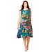 Plus Size Women's A-Line Crinkle Dress with Tassel Ties by Roaman's in Emerald Paisley Garden (Size 30/32)