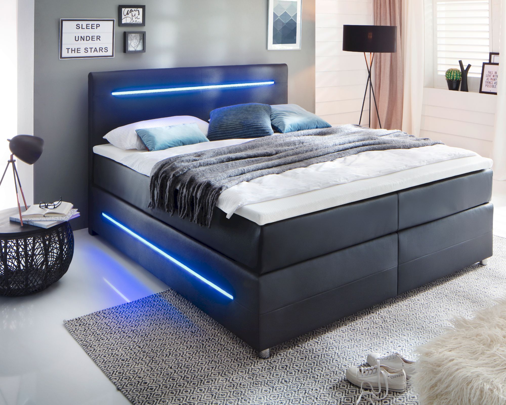 meise.möbel »Lights« Boxspringbett schwarz 180x200 cm / Bonnell-Federkern inkl. Topper