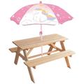 Licorne Table pique-nique en pin H.53 x l.95 x P.75 cm avec parasol H.125 x ø 100 cm - Pour enfant