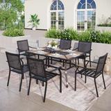 7-Piece Patio Dining Set Metal E-coating of 6 Metal Chairs & 1 Umbrella Hole Metal Table with Wood-like table Top