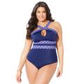 Plus Size Women's High Neck Keyhole One Piece by Swimsuits For All in Navy Tribal Stripe (Size 12)