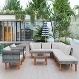 9-Piece Outdoor Patio Garden Wicker Sofa Set, PE Rattan Sofa Set, with Wood Legs, Acacia Wood Tabletop, Armrest Chairs