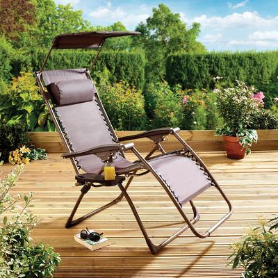 Garden Chair With Canopy, Mocha, Outdoor Reclining Chair H107 X W68 X D94cm, Weight Capacity 120kg