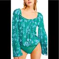 Free People Tops | Free People Printed Bell Sleeve Bodysuit | Color: Blue/Green | Size: Xs
