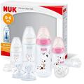 NUK First Choice+ Perfect Start Babyflaschen Set | Erstausstattung mit 4 Babyflaschen, Flaschenbürste & mehr | mit Temperature Control | Anti-kolic | BPA-frei | 0-6 Monate, pink/weiß, 9-teiliges Set