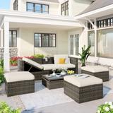 5 Piece Patio Furniture Sets PE Rattan Wicker Sectional Sofa Sets with Adustable Backrest, Cushions and Lift Top Coffee Table