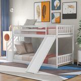 Modern Pine Wood Twin over Twin Bunk Bed with Full Length Safety Guardrail, Convertible Slide and Stairway with Storge