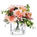 Enova Home Mixed Artificial Silk Dahlia Fake Flowers Arrangement in Cube Glass Vase with Faux Water for Home Office Decoration