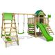 FATMOOSE Wooden climbing frame JazzyJungle Jam XXL with SurfSwing, swing set & apple green slide, Outdoor kids playhouse with sandpit, climbing ladder & play-accessories for the garden