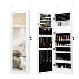 Costway Lockable Wall Door Mounted Mirror Jewelry Cabinet w/LED Lights-White