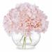Enova Home Artificial Silk Hydrangea Fake Flowers Arrangement in Clear Round Glass Vase with Faux Water for Home Wedding Decor