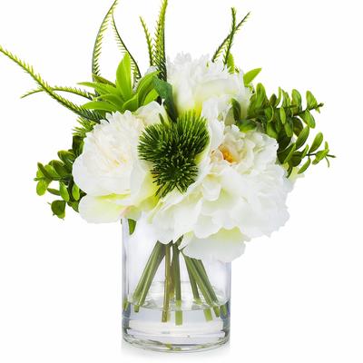 Enova Home Mixed Artificial Silk Cream Peony and Greenery Faux Flowers Arrangement in Cylinder Glass Vase with Faux Water
