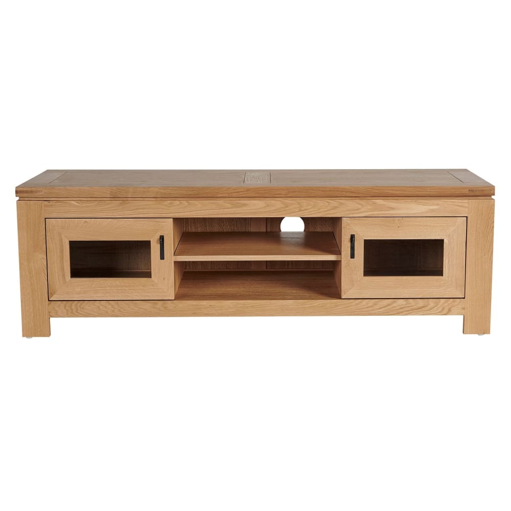 Meuble TV bas moderne en chêne clair 2 portes 2 niches