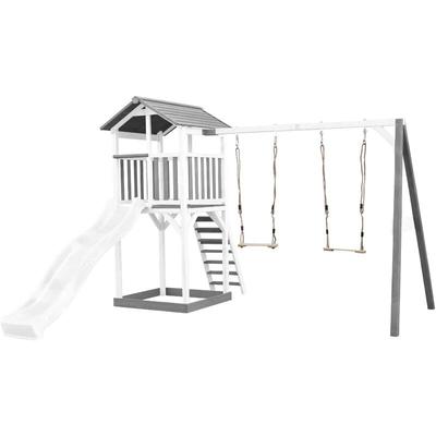 Beach Tower Spielturm aus Holz in Weiß & Grau Spielhaus für Kinder mit weißer Rutsche,