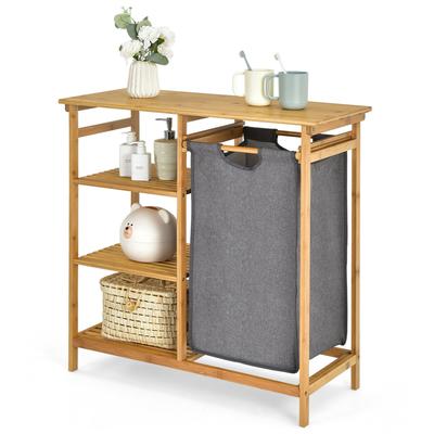 Gymax Laundry Hamper Basket Table Bamboo w/Storage Shelves and Sliding
