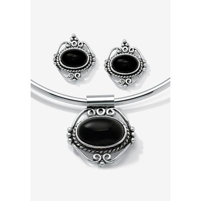 Women's Silver Tone Antiqued Pendant Oval Shaped Black Onyx with 16 inch Chain by PalmBeach Jewelry in Silver
