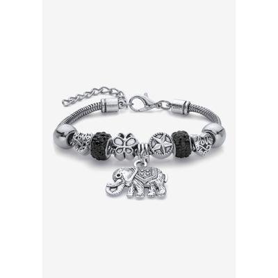 Women's Silvertone Round Black Crystal Antiqued Elephant Charm Bracelet by PalmBeach Jewelry in Crystal