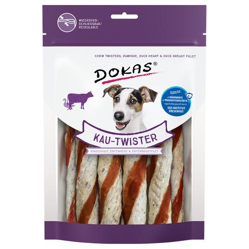 4x 200g Dokas Kau-Twister Rinderhaut, Entenherz und Entenbrustfilet Hundesnack