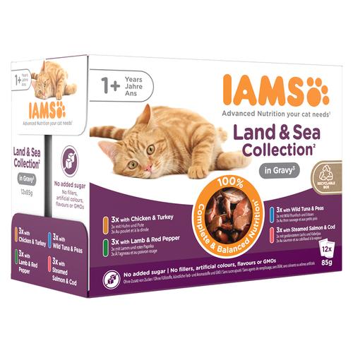 24x85g IAMS Delights Adult Land & Sea Mix in Sauce Katzenfutter nass