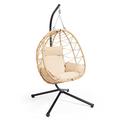 VonHaus Garden Egg Chair & Stand - Cream Folding Swing Chair, Cocoon Hanging Chair - Rattan Effect 1 Seater Swing Seat & Comfortable Padded Cushion – Foldable Portable & Compact Outdoor Garden Chair