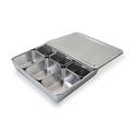 Stainless Steel Seasoning Box with Lid and Holder Tray, 6 Compartments Rectangle Masala Dabba Spice Container, Indian Masala Box Organizer Set for Kitchen Condiment Storage (6 Compartments)