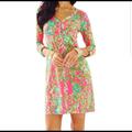 Lilly Pulitzer Dresses | Lilly Pulitzer Palmetto Dress Short V-Neck Henley T-Shirt Dress -Pink Flamingo | Color: Green/Pink | Size: M
