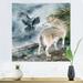 East Urban Home Wolf & A Raven On A Hill Under Falling Snow - Traditional Canvas Wall Art Print Canvas in Black/Green | 16 H x 16 W x 1 D in | Wayfair