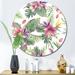 East Urban Home Purple Tropical Flowers w/ Green Leaves I - Tropical Metal Circle Wall Art Metal in Green/Pink | 23 H x 23 W x 1 D in | Wayfair